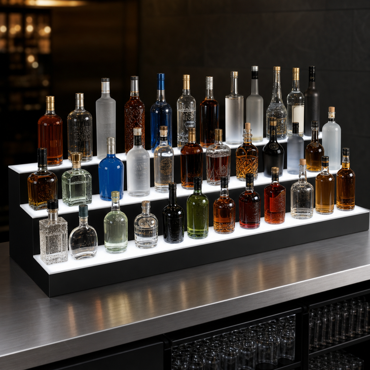 Product image #4 for Krowne Royal Series Lighted Countertop Liquor Display, 3-Tier, 60 Inch, Right Cord, 45-Bottle Capacity