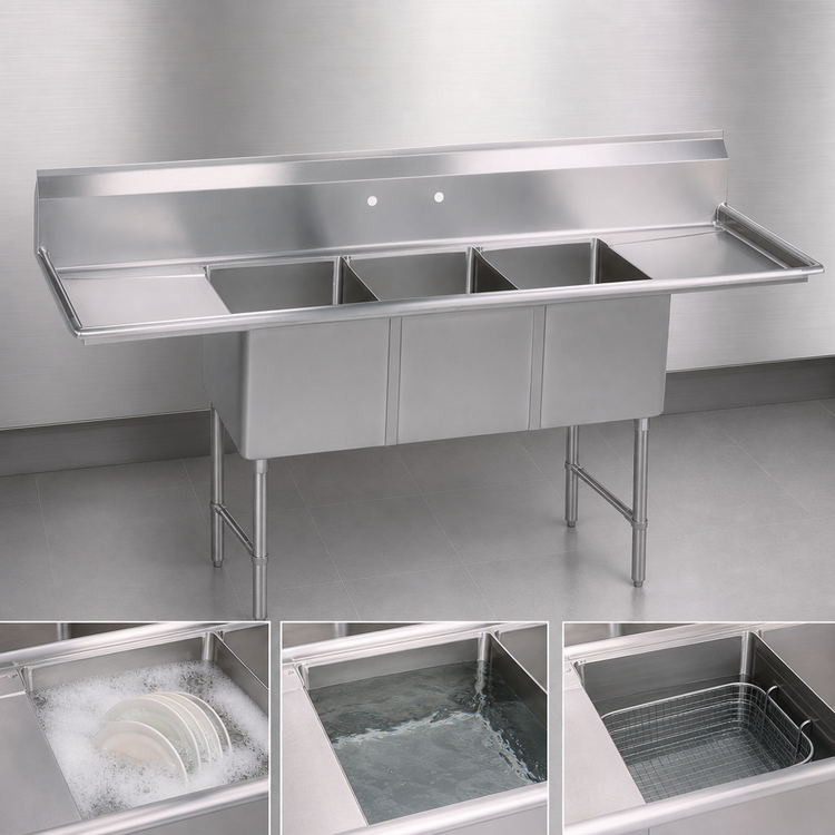 Product image #3 for BK Resources Three-Compartment Stainless Steel Sink with Left and Right Drainboards, 18 x 24 x 14 Inch Bowls
