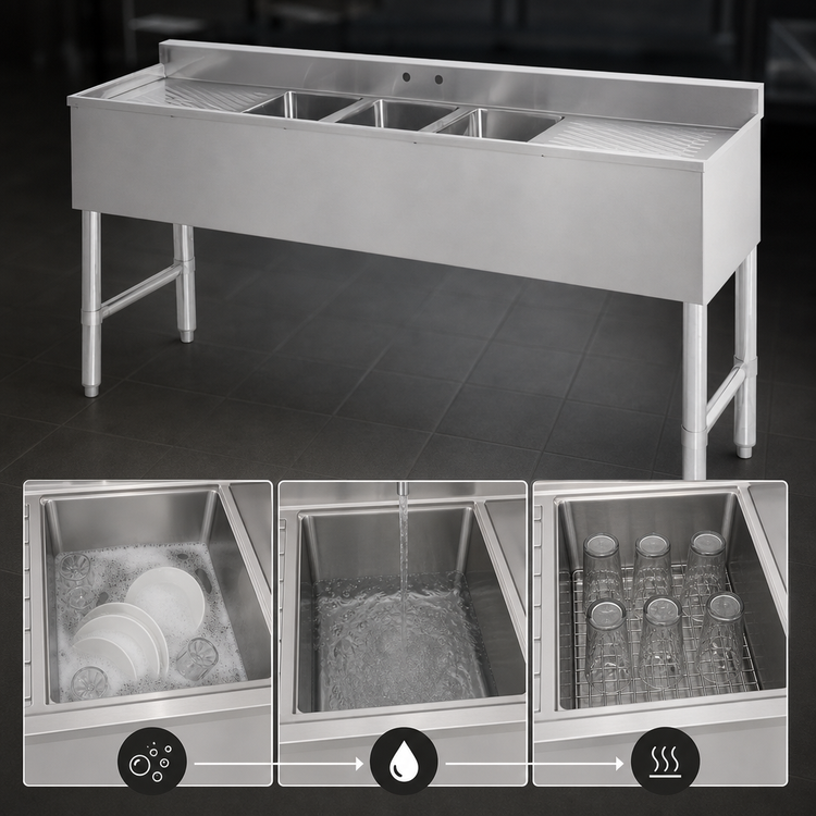 Product image #3 for Sapphire 3-Compartment Underbar Bar Sink with Dual 13-Inch Drainboards, 60-Inch Wide