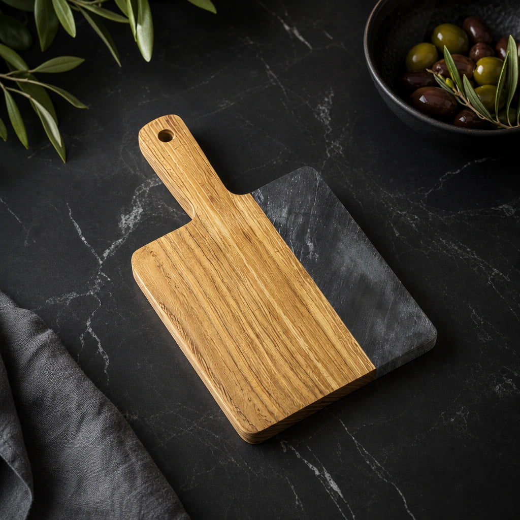 Olive Wood and Black Marble Construction