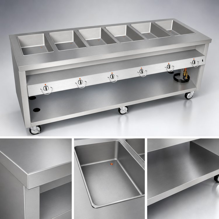 Product image #3 for Thurmaduke TEHF-88SS 88-Inch Mobile Electric Hot Food Unit with 6 Sealed Wells