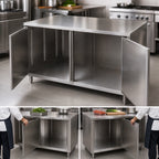 Thumbnail image #3 for BK Resources CST-2460H2 Dual-Access Stainless Steel Chef Table with Cabinet Base, 60 x 24 Inches, 14-Gauge 304 Top