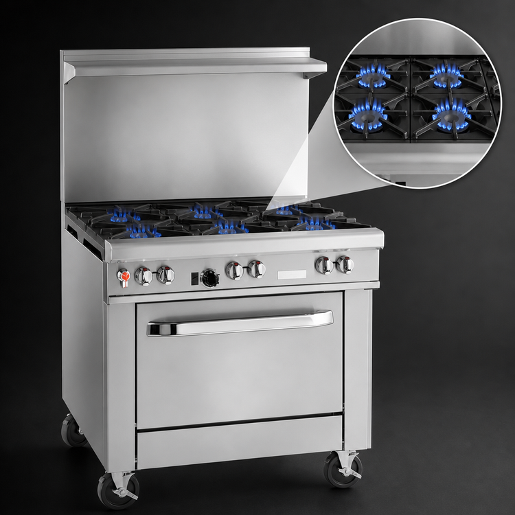 Product image #3 for Ultimate 36-Inch Commercial Gas Restaurant Range with 6 Open Burners, Cabinet Base, and Hi-Shelf Backriser