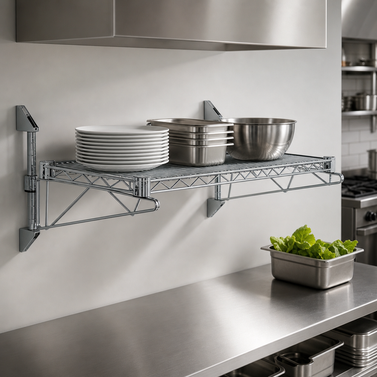 Product image #3 for Quantum Wall-Mount Cantilever Single Shelf Wire Shelving Unit, 30 x 18 Inch, Gray Epoxy Antimicrobial Finish