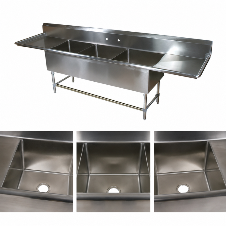 Product image #3 for John Boos Pro-Bowl 3-Compartment Sink with Left and Right 24" Drainboards, 18" x 18" x 12" Bowls, 14-Gauge Stainless Steel