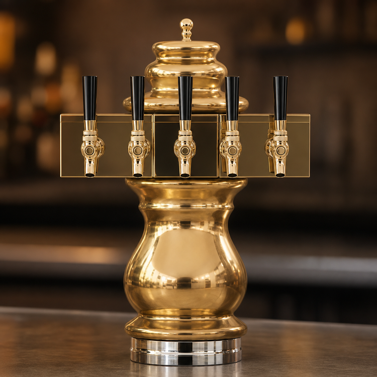 Product image #3 for Glastender Braumeister 5-Faucet Countertop Air-Cooled Draft Dispensing Tower, Polished Brass Finish
