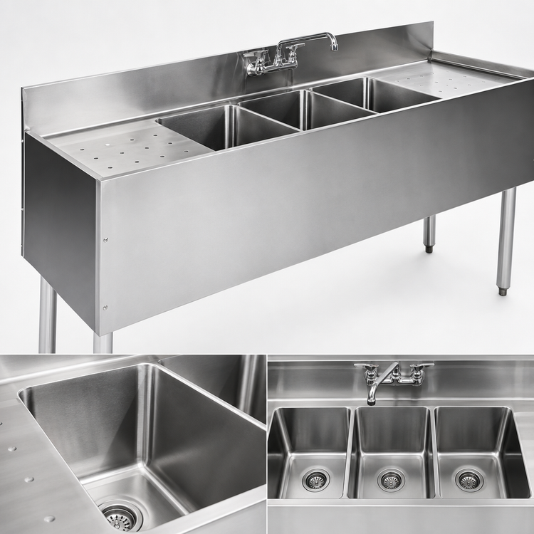 Product image #3 for CHOICE 3-Compartment Underbar Sink Unit with Left and Right Drainboards, Deck-Mount Faucet, 60 Inch W x 24 Inch D, Stainless Steel