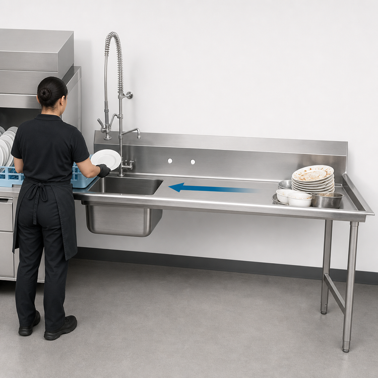 Product image #3 for Advance Tabco 95-Inch Straight Soil Dishtable, Right-Hand, with Pre-Rinse Sink and 10-1/2-Inch Backsplash
