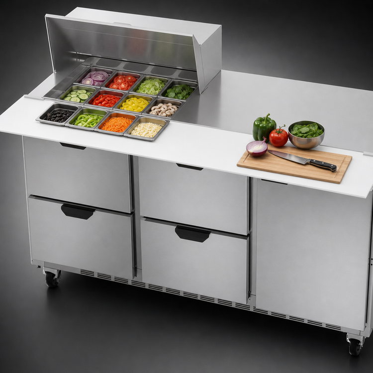 Product image #4 for Beverage-Air 72-Inch Three-Section Mega Top Refrigerated Prep Table with 4 Drawers, 1 Door, and 12-Pan Top