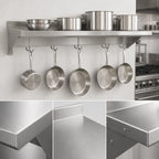 Thumbnail image #3 for BK Resources BKWS-1630-PR 304 Stainless Steel Wall-Mounted Pot Rack Shelf, 30 x 16 Inches, 18-Gauge, 2 Hooks