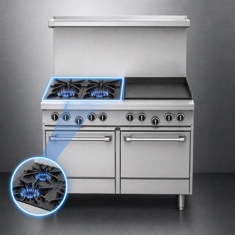 Product image #3 for Garland US Range U-Series 48-Inch Gas Restaurant Range with 2 Open Burners, 36-Inch Griddle, and Storage Bases