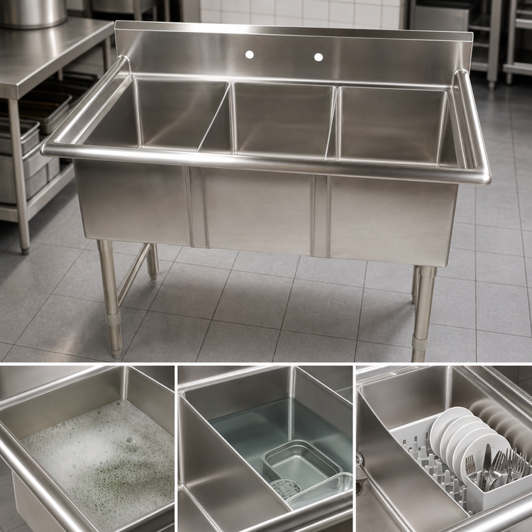 Product image #3 for Klinger's Trading Economy 41-Inch Three-Compartment Stainless Steel Sink Without Drainboards