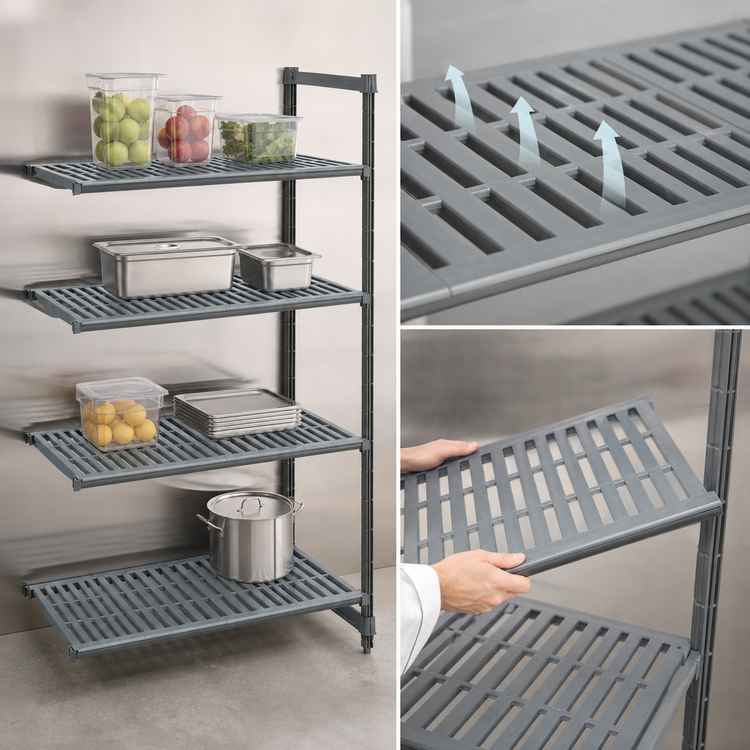 Product image #3 for Cambro Camshelving Basics Plus 18 Inch x 54 Inch x 84 Inch 4-Shelf Vented Add-On Polymer Shelving Unit, Brushed Graphite