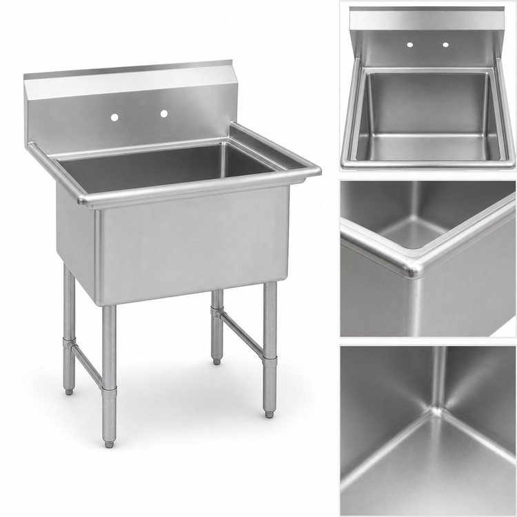 Product image #3 for BK Resources One Compartment Stainless Steel Sink, 21-Inch Wide, 16 x 20 x 12-Inch Bowl, 9-Inch Backsplash