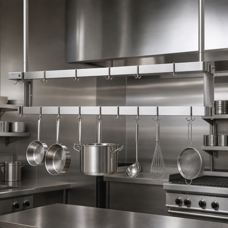 Product image #3 for Serv-Ware 96-Inch Stainless Steel Double-Bar Pot Rack with 16 Hooks