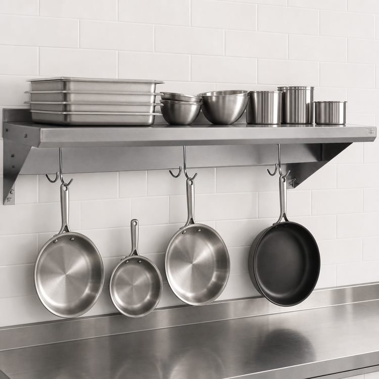 Product image #3 for BK Resources 72-Inch x 16-Inch Wall-Mount Economy 430 Stainless Steel Shelf with Pot Rack