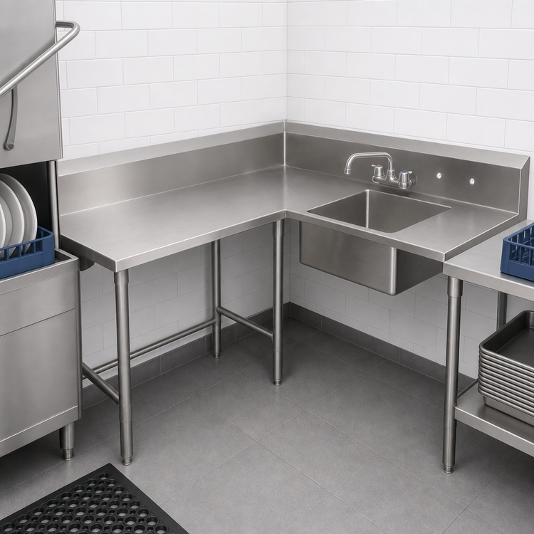 Product image #3 for John Boos Pro-Bowl Corner Soiled Dishtable with 20 x 20 x 8 Inch Sink Bowl, 60-Inch Machine-to-Corner x 48-Inch Corner-to-End, Left-to-Right