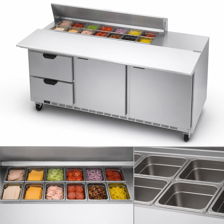 Product image #4 for Beverage-Air 72-Inch Three-Section Sandwich Prep Table with 12-Pan Top, 2 Doors, 2 Drawers, and Rear-Mounted Refrigeration