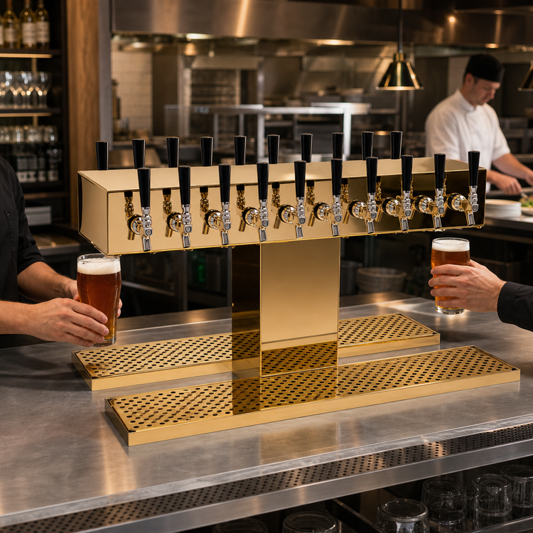 Product image #3 for Single-Column Double-Sided Countertop Draft Dispensing Tower, 20 Faucets, Glycol-Cooled, Polished Brass Finish