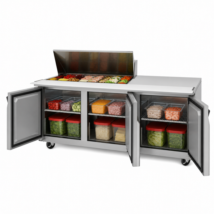Product image #3 for Turbo Air Super Deluxe 72-5/8 Inch Three-Section Sandwich/Salad Mega Top Refrigerated Prep Table with 15-Pan Opening