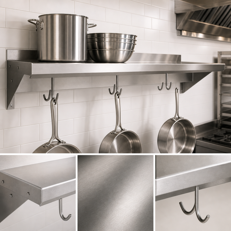 Product image #3 for BK Resources Premium Wall-Mounted Stainless Steel Pot Rack Shelf, 84 in. x 16 in.