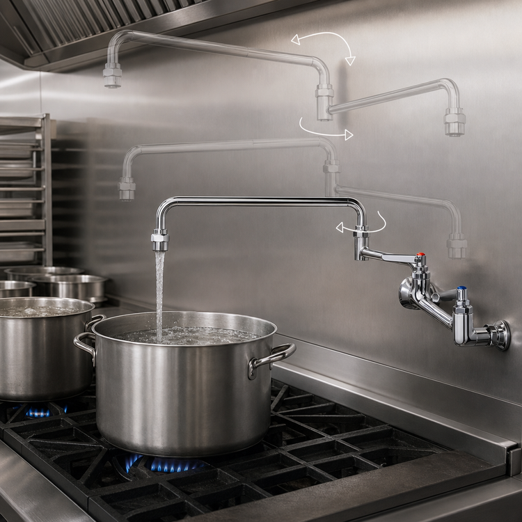 Product image #3 for T&S Brass B-0598 8-Inch Splash-Mounted Pot Filler Mixing Faucet with 24-Inch Double-Jointed Swing Nozzle
