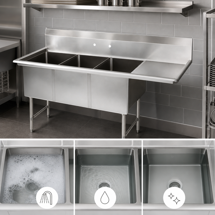Product image #3 for John Boos B-Series 3-Compartment Floor Sink with Right-Hand Drainboard, 16 Gauge Stainless Steel