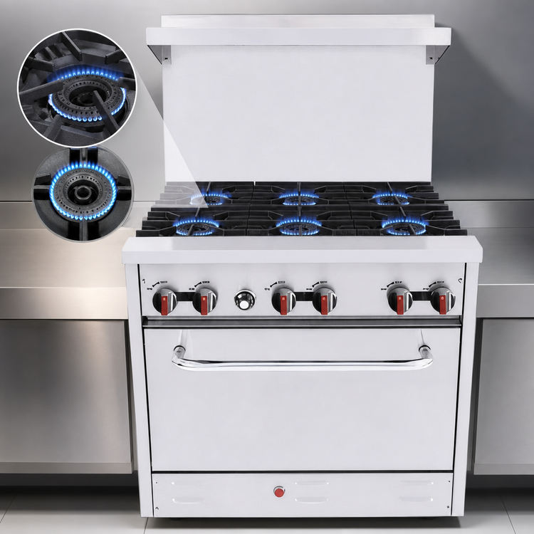 Product image #3 for BakeMax Restaurant Series 36-Inch Natural Gas Commercial Range with 6 Open Burners and Standard Oven