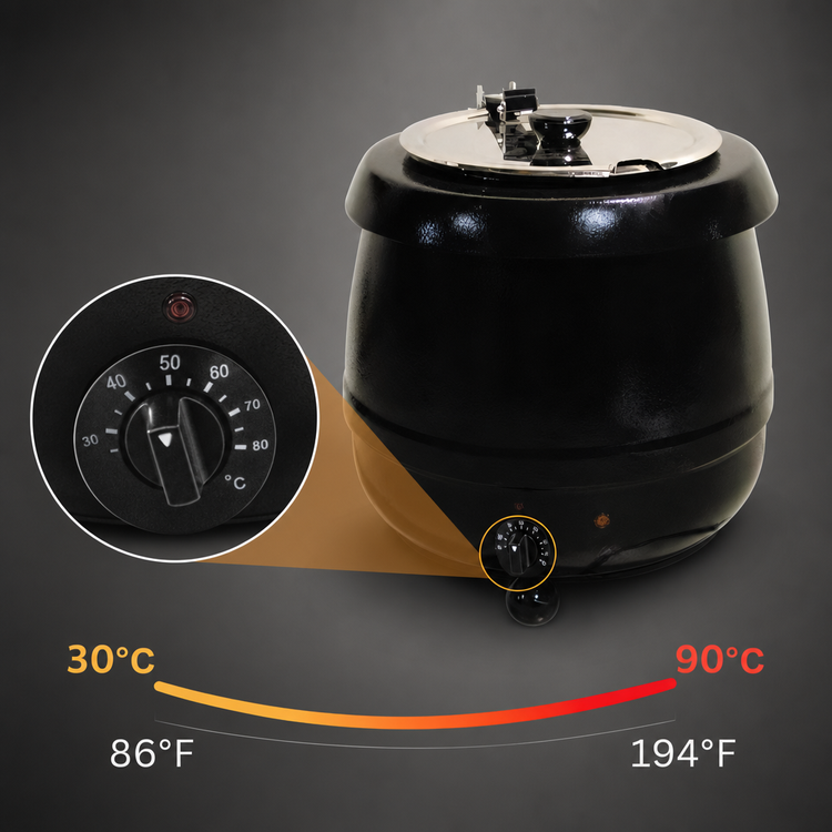 Product image #3 for Omcan 10.6 Qt Countertop Soup Kettle with Metal Lid, 110V, Black
