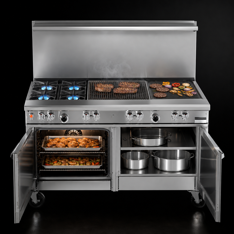 Product image #3 for Southbend Ultimate 48-Inch Gas Restaurant Range with 2 Open Burners, Wavy Grates, 36-Inch Charbroiler, Convection Oven, and Cabinet Base