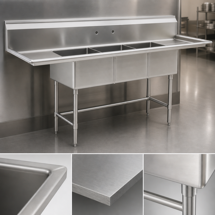 Product image #3 for BlendPort BPFC Series 3-Compartment Sink with 24-Inch Right-Hand Drainboard, 18 x 18 Bowls, 16-Gauge 304 Stainless Steel