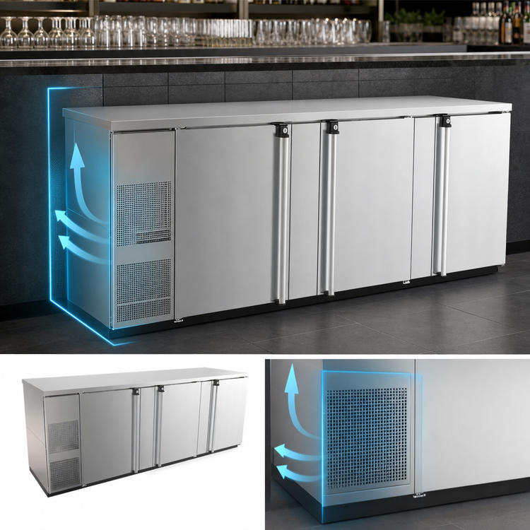 Product image #3 for Pro-Line E-Series Three-Section Refrigerated Back Bar Cooler, 95-1/2 Inch Wide, Self-Contained, Solid Doors
