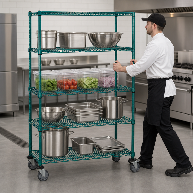 Product image #3 for Quantum Mobile Wire Shelving Cart, 60"W x 24"D x 80"H, 4-Shelf, Green Epoxy Antimicrobial Coating