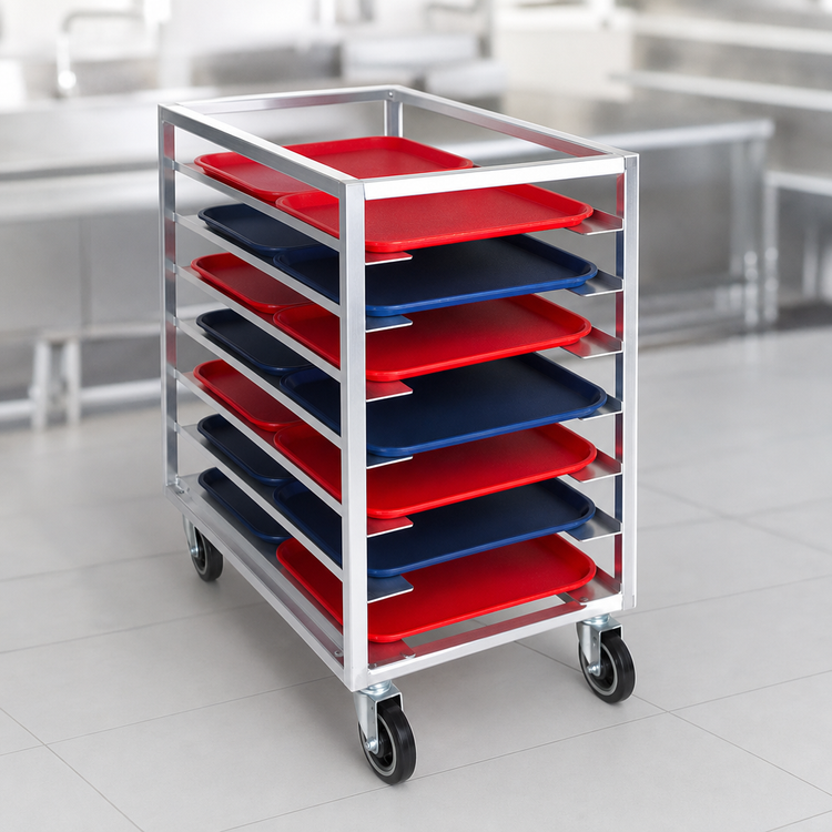 Product image #2 for Channel Manufacturing Single-Section Trapezoidal Series Aluminum Cafeteria Tray Rack, 36-Inch High, End Load, 14 x 18 Tray Capacity, 5-Inch Swivel Stem Casters