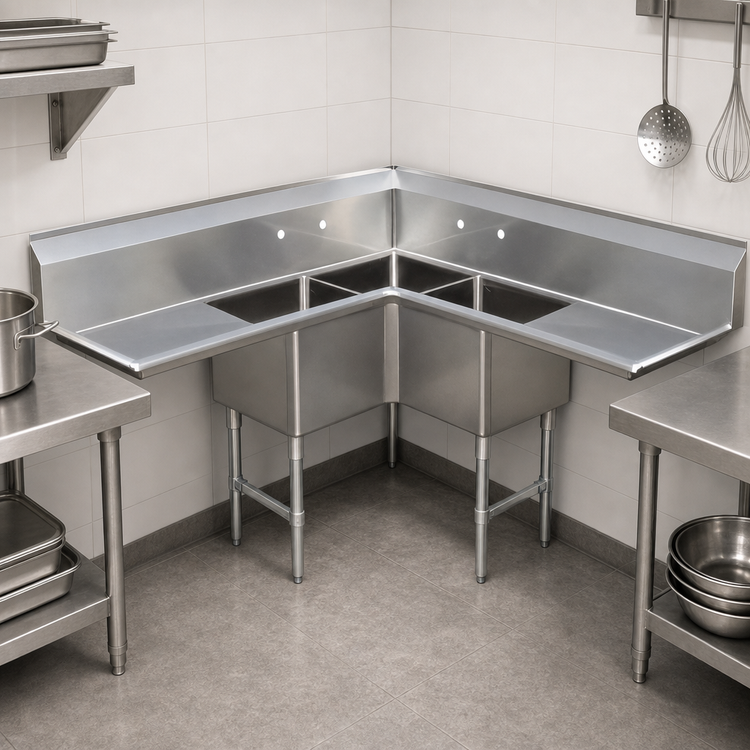 Product image #3 for Corner 3-Compartment Pot Sink with Dual Drainboards and 18 x 18 x 14-Inch Bowls