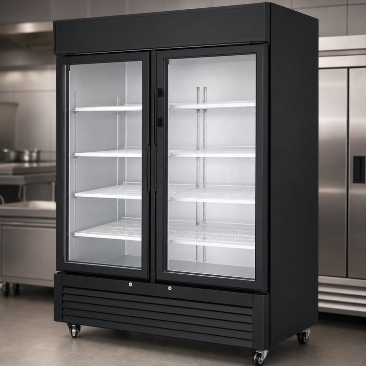 Product image #3 for Atosa MCF8721ES Two-Section Glass Door Freezer Merchandiser, 43.8 Cu. Ft., Black, Bottom-Mount Self-Contained