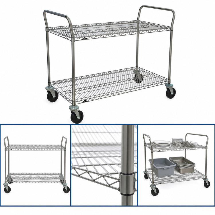 Product image #3 for Metro Super Erecta SP Heavy Duty 2-Shelf Utility Bus Cart with Wire Shelves, 48 x 24 x 39 Inch, Brite Zinc Finish
