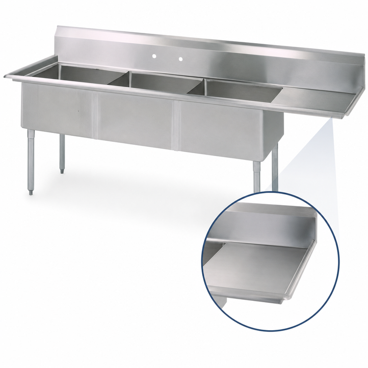 Product image #3 for BK Resources Three-Compartment Stainless Steel Sink with Right-Hand Drainboard, 62-1/2 Inch Wide