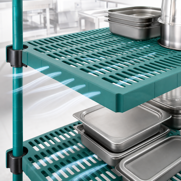 Product image #3 for QuadPlus 60 x 18 Inch Louvered Green Polymer Shelf Mat with MICROGARD Antimicrobial Protection and Wire Quad-Adjust Frame