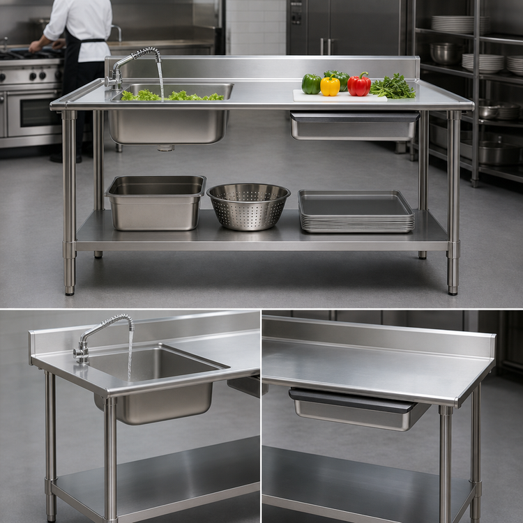 Product image #3 for Eagle Spec-Master Series 84-Inch 14-Gauge 304 Stainless Steel Prep Sink Table with Left Sink, Right Drawer and Undershelf