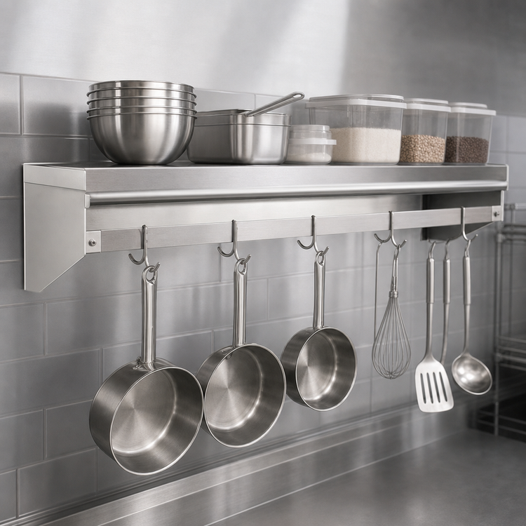 Product image #3 for Eagle Wall Shelf with Removable Hooks and Pot Rack, Wall Mounted, 96W x 12D, Stainless Steel, 8 Hooks