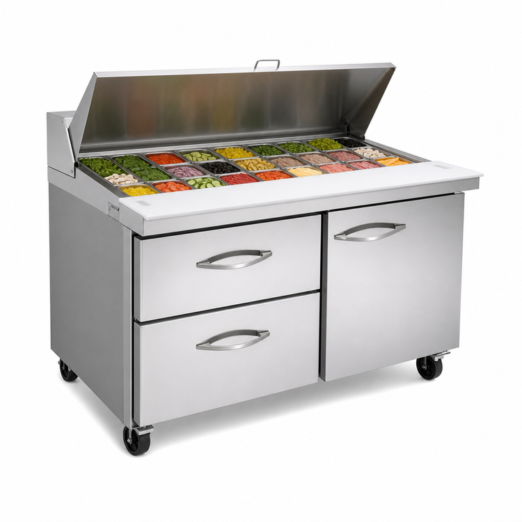Product image #3 for IKON Refrigeration Mega Top Two-Section Sandwich / Salad Prep Table with 15-Pan Opening, 2 Drawers, and 1 Door, 36-Inch Wide