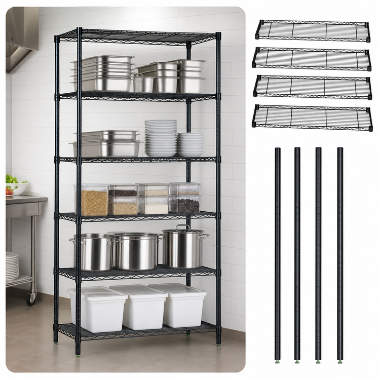 Product image #3 for Quantum Stationary Wire Shelving Starter Kit, 48"W x 12"D x 86"H, 5 Shelves, Black Epoxy Antimicrobial Finish