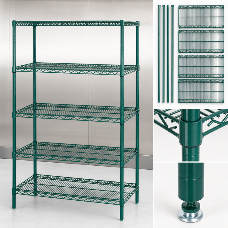 Product image #3 for 72"W x 24"D x 74"H Green Epoxy Wire Shelving Starter Kit, 5-Shelf Stationary Unit