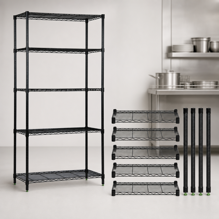 Product image #3 for Quantum 24 Inch x 14 Inch x 63 Inch Wire Shelving Starter Kit with 5 Shelves, Black Epoxy Antimicrobial Finish