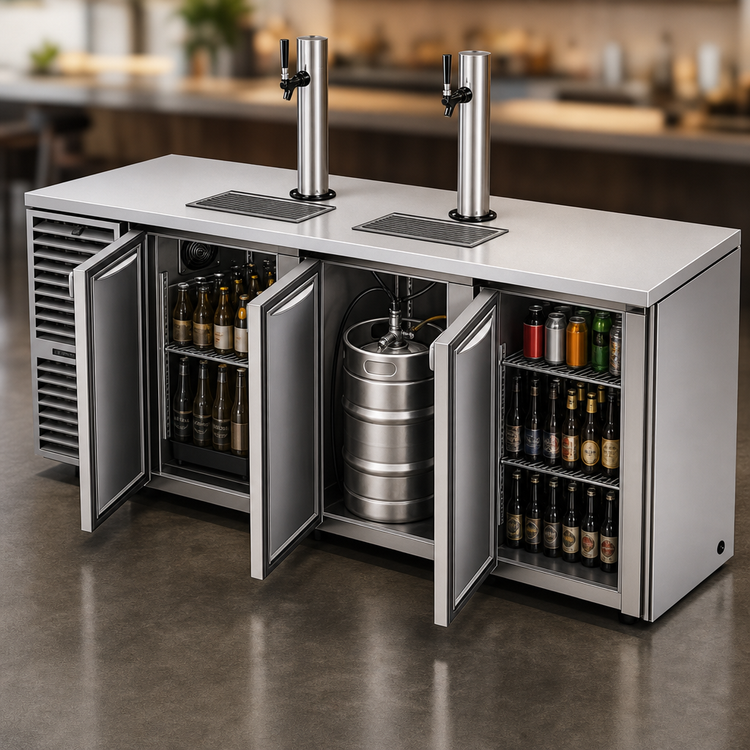 Product image #3 for True Premier Bar 72-Inch Three-Section Refrigerated Draft Bar Cooler, Flat Top, Left-Side Refrigeration