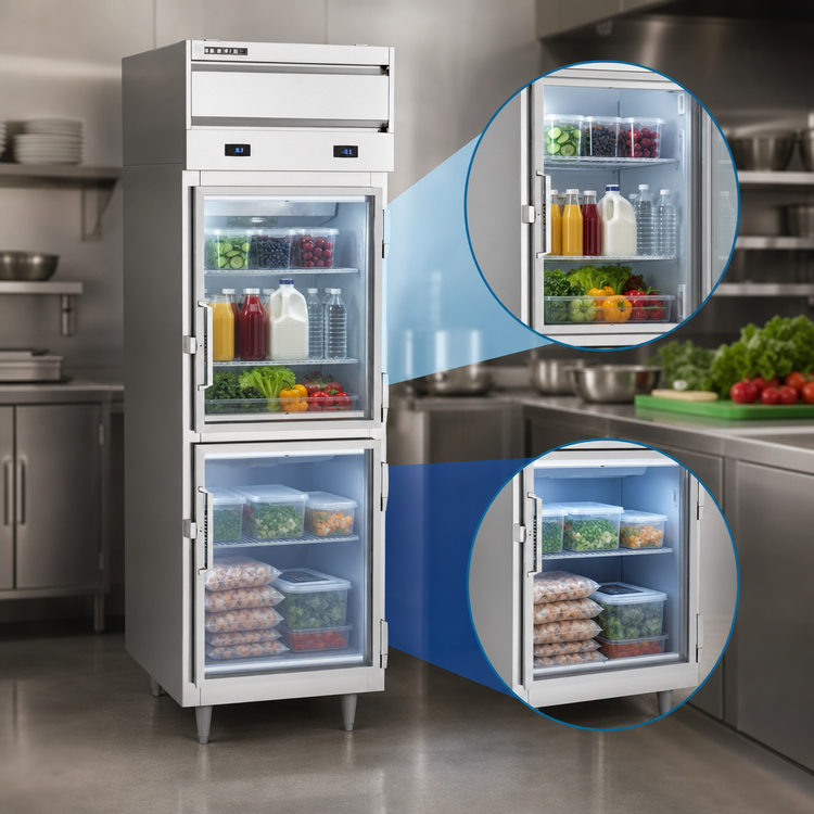 Product image #3 for Beverage-Air P-Series Dual Temp 1-Section Reach-In Refrigerator/Freezer, 18 Cu. Ft., Top-Mounted Self-Contained, Hinged Glass Half-Doors
