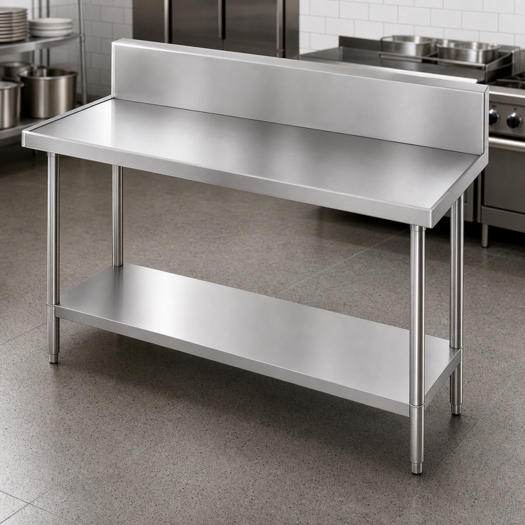 Product image #3 for Advance Tabco 48 Inch x 36 Inch 14-Gauge 304 Stainless Steel Work Table with 10-Inch Backsplash and Undershelf