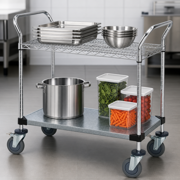 Product image #3 for Quantum Chrome-Plated Wire and Galvanized Solid Shelf Utility Bus Cart, 36 x 24 x 37-1/2 Inches