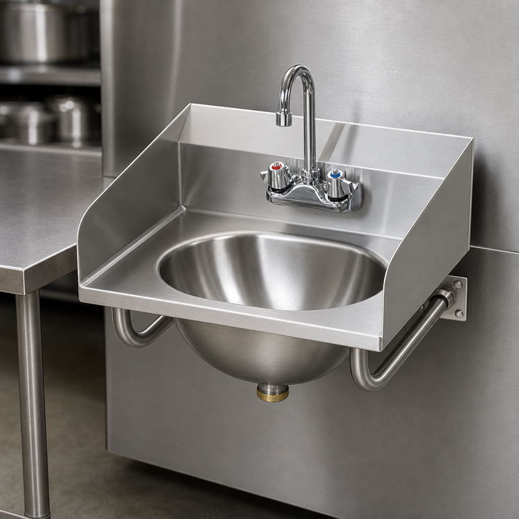 Product image #3 for Eagle Group Wall-Mount 304 Stainless Steel Hand Sink with Gooseneck Faucet, Basket Drain, Side Splashes, and Wall Support